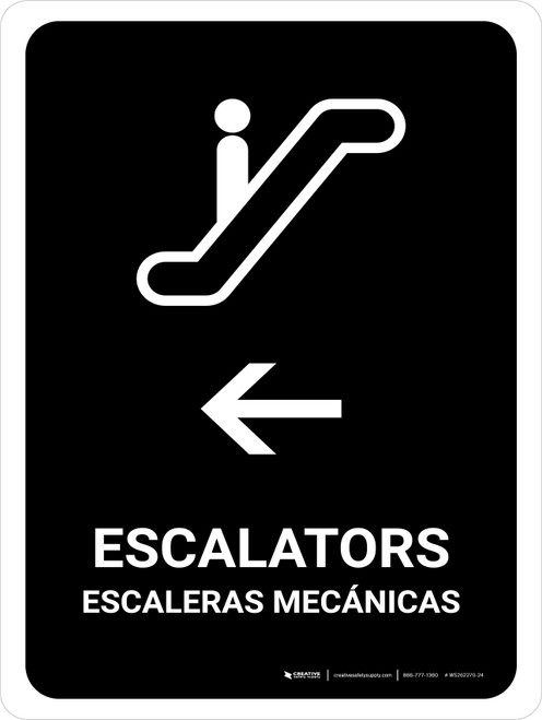 Escalators With Left Arrow Black Bilingual Spanish Portrait - Wall Sign
