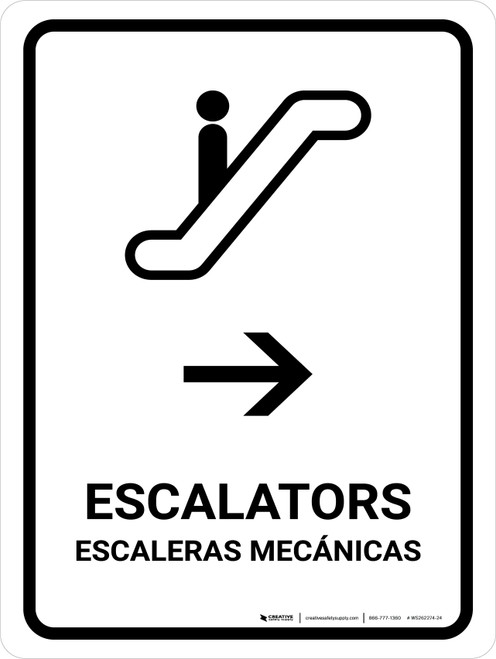 Escalators With Right Arrow White Bilingual Portrait - Wall Sign