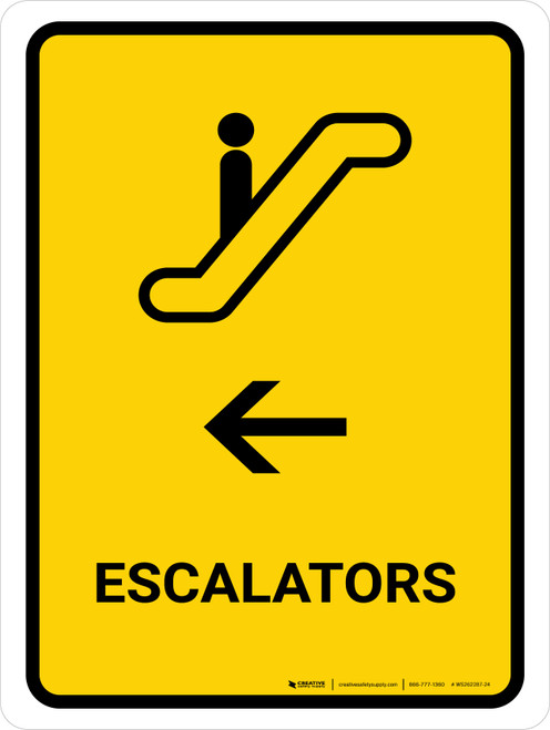 Escalators With Left Arrow Yellow Portrait - Wall Sign