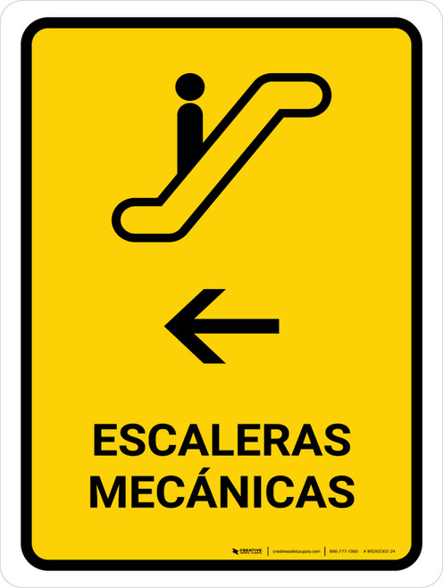 Escalators With Left Arrow Yellow Spanish Portrait - Wall Sign