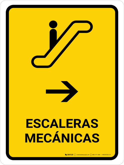 Escalators With Right Arrow Yellow Spanish Portrait - Wall Sign