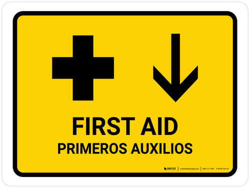 First Aid With Down Arrow Yellow Bilingual Spanish Landscape - Wall Sign