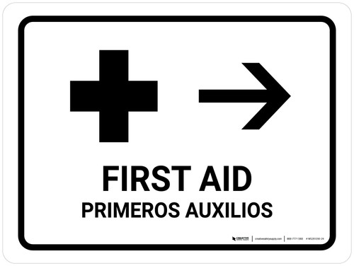 First Aid With Right Arrow White Bilingual Spanish Landscape - Wall Sign