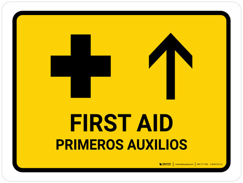 First Aid With Up Arrow Yellow Bilingual Spanish Landscape - Wall Sign