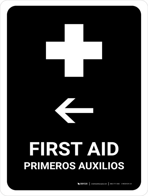 First Aid With Left Arrow Black Bilingual Spanish Portrait - Wall Sign