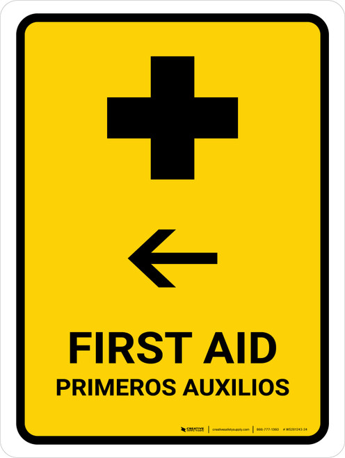 First Aid With Left Arrow Yellow Bilingual Spanish Portrait - Wall Sign