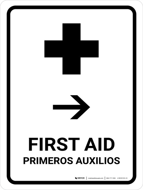 First Aid With Right Arrow White Bilingual Spanish Portrait - Wall Sign