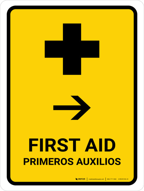 First Aid With Right Arrow Yellow Bilingual Spanish Portrait - Wall Sign