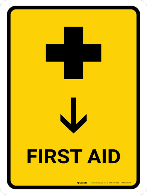 First Aid With Down Arrow Yellow Portrait - Wall Sign