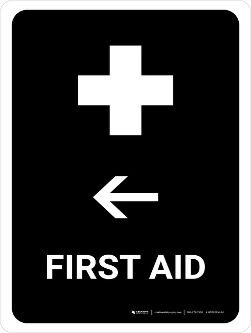 First Aid With Left Arrow Black Portrait - Wall Sign