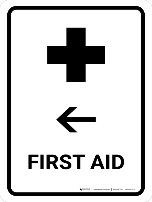 First Aid With Left Arrow White Portrait - Wall Sign