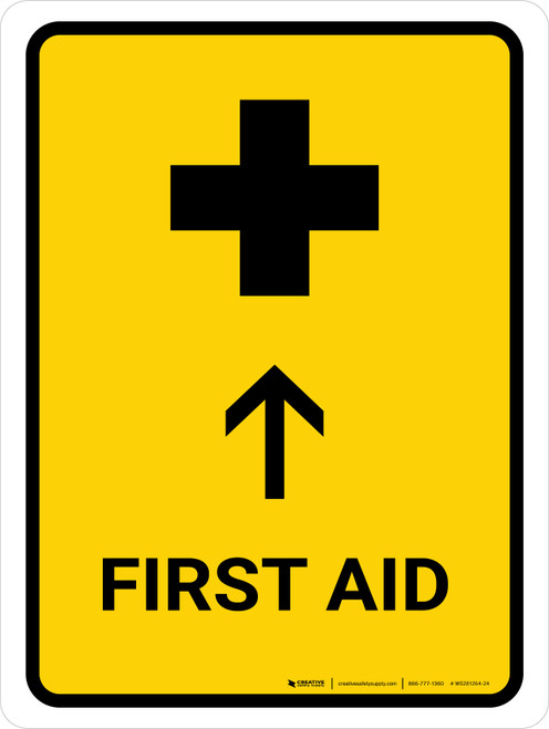 First Aid With Up Arrow Yellow Portrait - Wall Sign