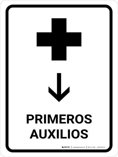 First Aid With Down Arrow White Spanish Portrait - Wall Sign
