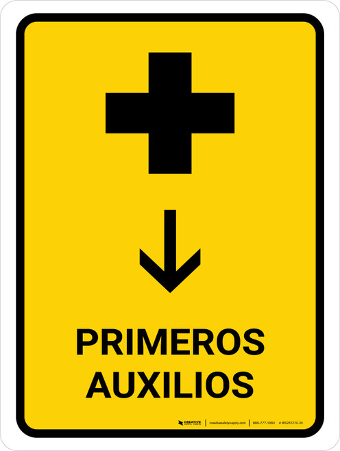 First Aid With Down Arrow Yellow Spanish Portrait - Wall Sign