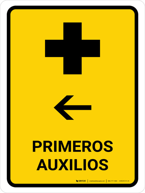 First Aid With Left Arrow Yellow Spanish Portrait - Wall Sign