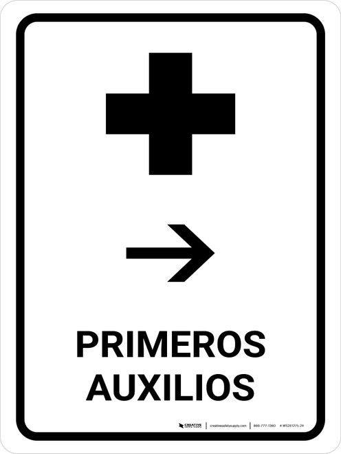 First Aid With Right Arrow White Spanish Portrait - Wall Sign