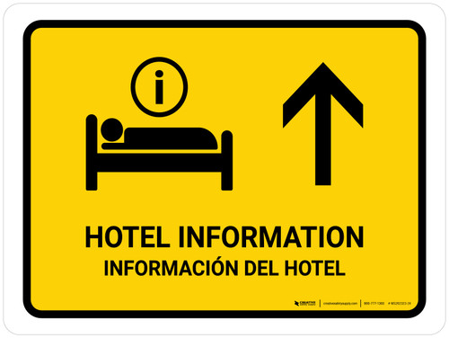 Hotel Information With Up Arrow Yellow Bilingual Spanish Landscape - Wall Sign