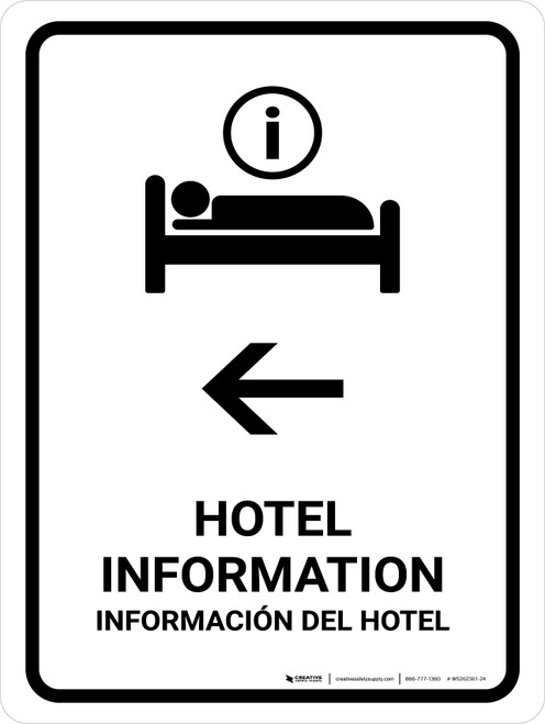 Hotel Information With Left Arrow White Bilingual Spanish Portrait - Wall Sign