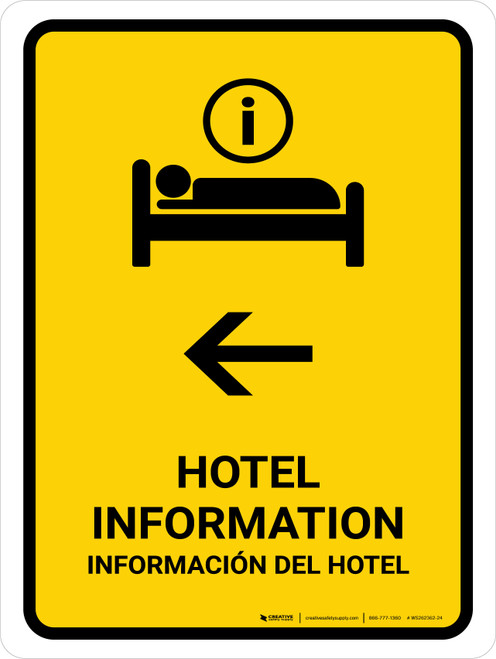 Hotel Information With Left Arrow Yellow Bilingual Spanish Portrait - Wall Sign