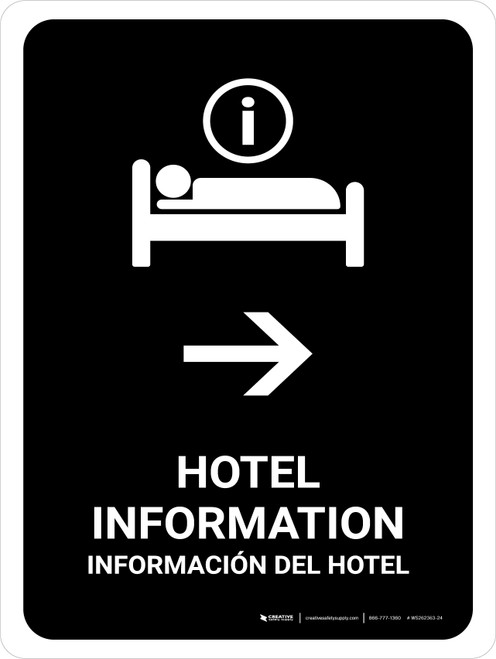 Hotel Information With Right Arrow Black Bilingual Spanish Portrait - Wall Sign
