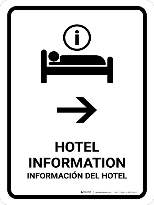 Hotel Information With Right Arrow White Bilingual Spanish Portrait - Wall Sign
