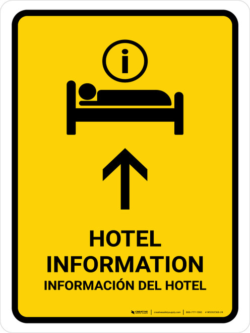 Hotel Information With Up Arrow Yellow Bilingual Spanish Portrait - Wall Sign