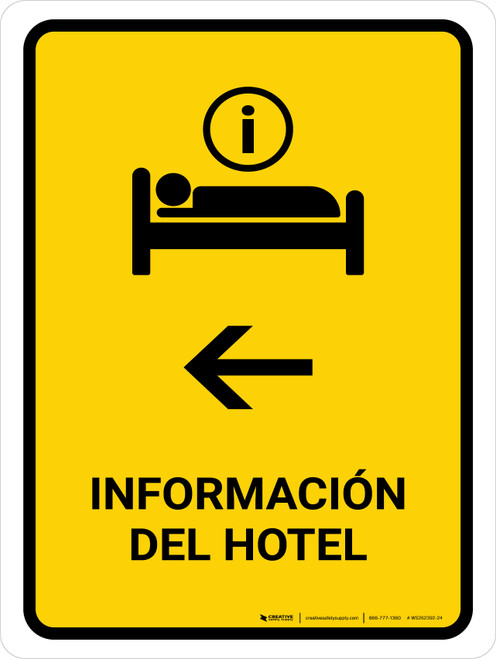Hotel Information With Left Arrow Yellow Spanish Portrait - Wall Sign