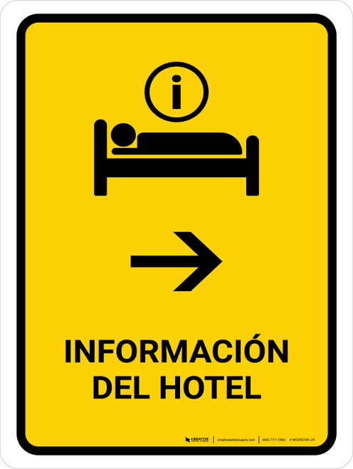 Hotel Information With Right Arrow Yellow Spanish Portrait - Wall Sign