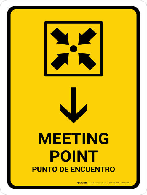 Meeting Point With Down Arrow Yellow Bilingual Spanish Portrait - Wall Sign