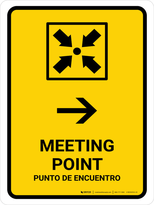 Meeting Point With Right Arrow Yellow Bilingual Spanish Portrait - Wall Sign