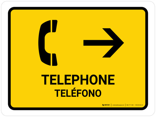 Telephone With Right Arrow Yellow Bilingual Spanish Landscape - Wall Sign