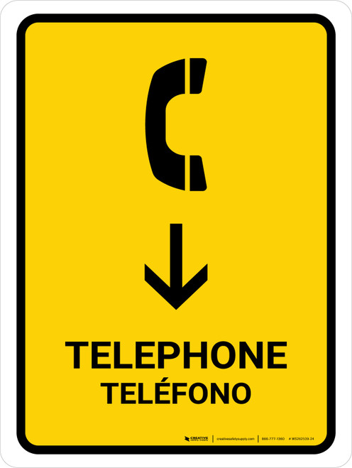 Telephone With Down Arrow Yellow Bilingual Portrait - Wall Sign