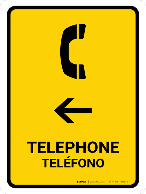 Telephone With Left Arrow Yellow Bilingual Spanish Portrait - Wall Sign