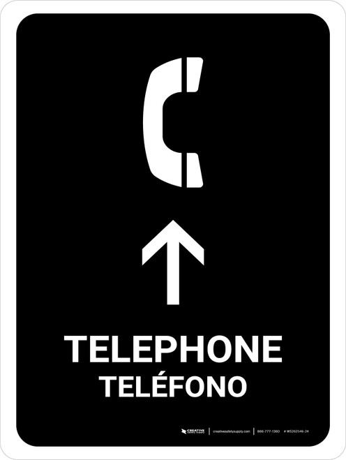 Telephone With Up Arrow Black Bilingual Spanish Portrait - Wall Sign