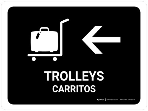 Trolleys With Left Arrow Black Bilingual Spanish Landscape - Wall Sign