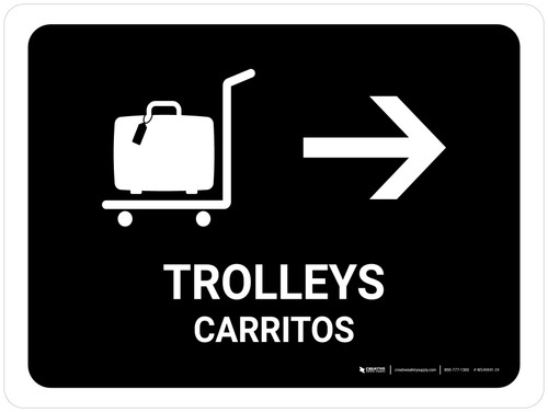 Trolleys With Right Arrow Black Bilingual Spanish Landscape - Wall Sign