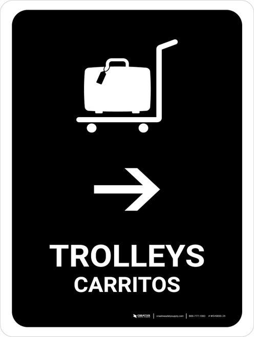 Trolleys With Right Arrow Black Bilingual Spanish Portrait - Wall Sign