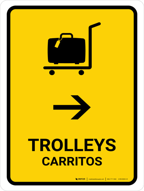 Trolleys With Right Arrow Yellow Bilingual Portrait - Wall Sign