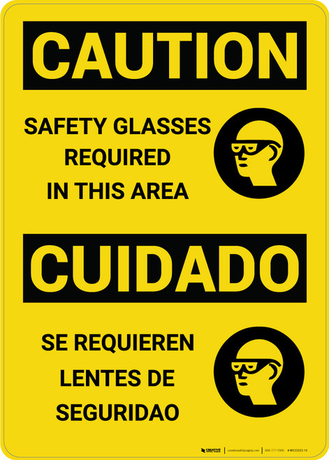 Caution: Safety Glasses Required in Area Bilingual Spanish - Wall Sign