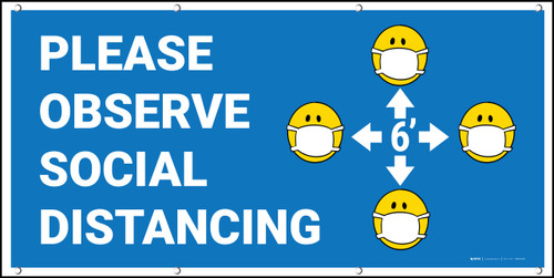 Please Observe Social Distancing with Facemask Emojis Blue - Banner