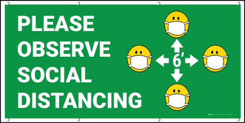 Please Observe Social Distancing with Facemask Emojis Green - Banner