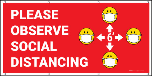 Please Observe Social Distancing with Facemask Emojis Red - Banner