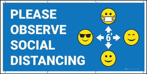 Please Observe Social Distancing with Multiple Emojis Blue - Banner