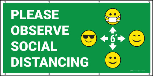 Please Observe Social Distancing with Multiple Emojis Green - Banner