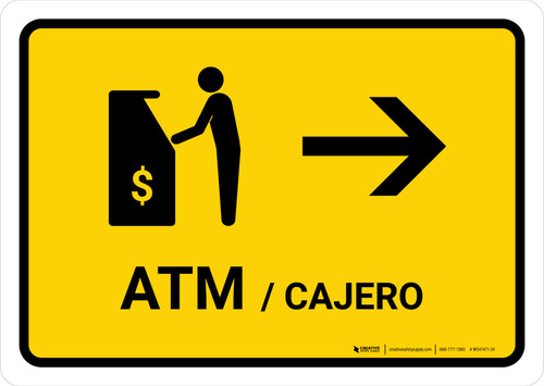 ATM With Right Arrow Yellow Bilingual Spanish Landscape - Wall Sign