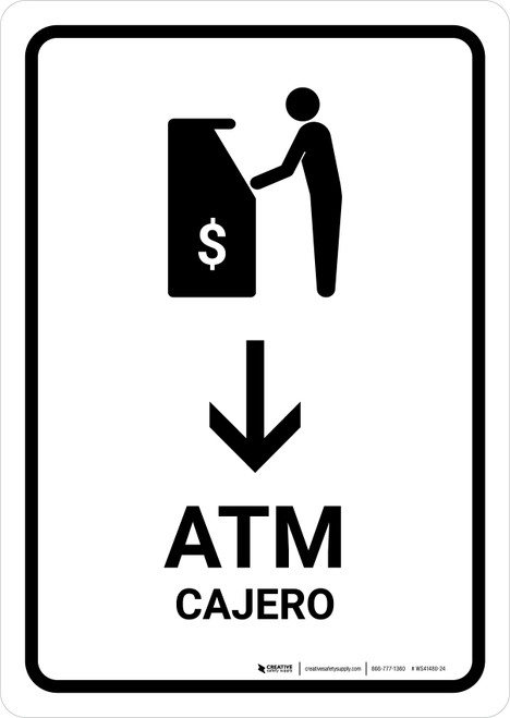 ATM With Down Arrow White Bilingual Spanish Portrait - Wall Sign