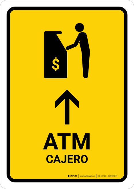 ATM With Up Arrow Yellow Bilingual Spanish Portrait - Wall Sign