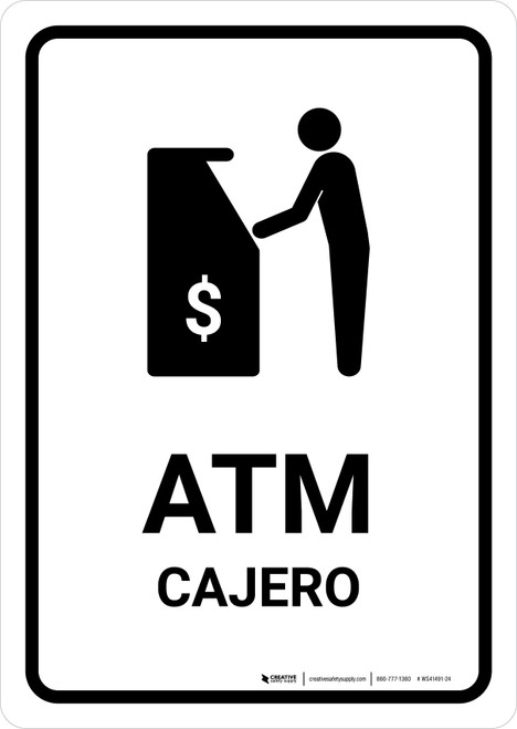 ATM White Bilingual Spanish Portrait - Wall Sign