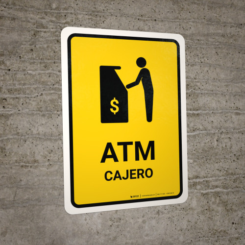 ATM Yellow Bilingual Spanish Portrait Wall Sign