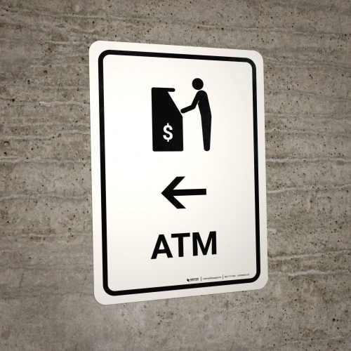 ATM With Left Arrow White Portrait - Wall Sign